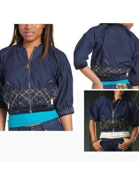 Apple Bottoms Women’s Y2K Soft Denim Satin Cropped Bomber Jacket Size L